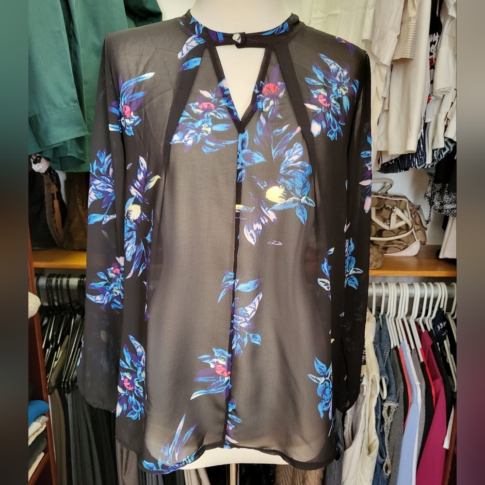 MIXMAX, M, sheer blouse black and blue floral print